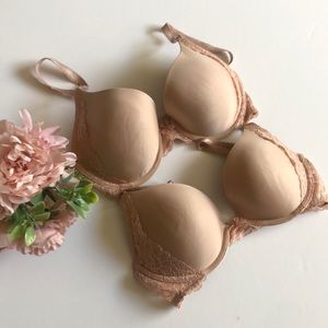 Victoria’s Secret Dream Angels Perfect Coverage Bra Nude Lace 32D Two Bra Set 💕